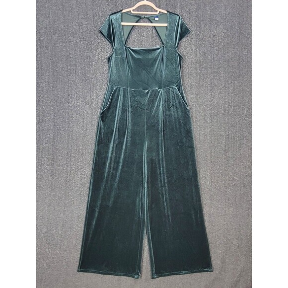 Old Navy Jumpsuit Womens Large Dark Bottle Green Velvet Short Sleeve Wide Leg - Picture 1 of 16